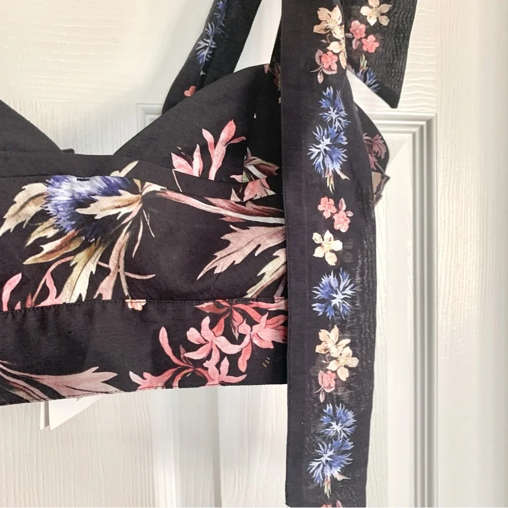 🪻H&M Tie-Strap Crop Top Floral Flowers Black Ribbon Tie Medium M